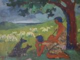 a painting of a woman and a child sitting under a tree with a dog