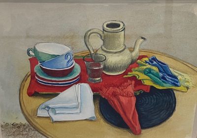 a painting of a table with a tea pot and plates on it