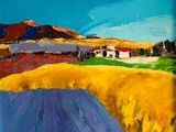 a painting of a field with a house in the distance