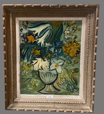a painting of flowers in a vase on a table