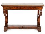 an old wooden table with a marble top on a white background