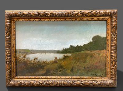 an oil painting of a landscape with a lake and trees