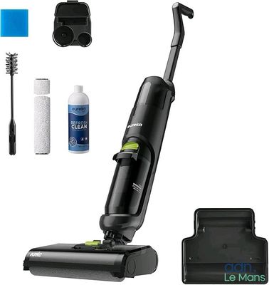 a close up of a vacuum cleaner with cleaning supplies on a white background