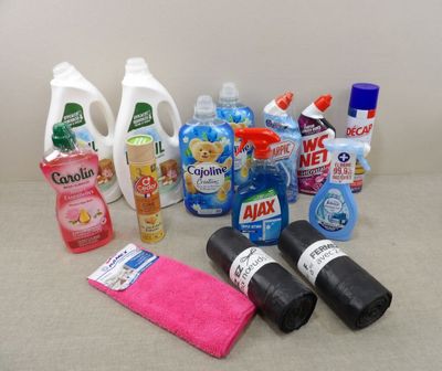 many cleaning products on the counter ready to be used