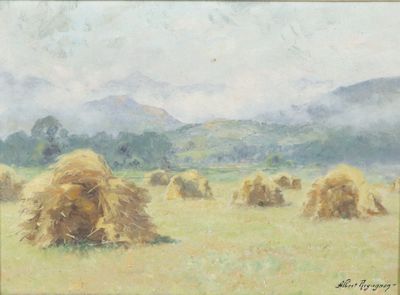 tableau représentant des balles de foin dans un champ, avec des montagnes en arrière-plan