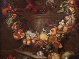 an image of a painting of flowers and fruit on a table