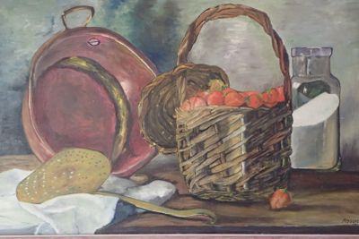 un tableau représentant un panier de provisions posé sur une table