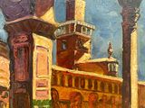an oil painting of a building with a clock tower in the background