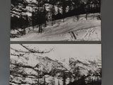 two black and white photos of a snowy mountain