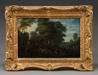 un tableau représentant un paysage boisé avec des personnages au premier plan