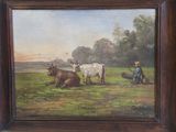 an oil painting of a man plowing a field with cows