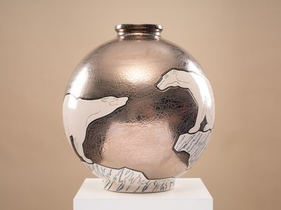 LONGWY "Iceberg" Vase boule coloniale en faïence émaillée po…
