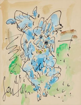 une image représentant un dessin d'un chien bleu sur une feuille de papier