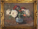 une peinture à l'huile représentant des fleurs dans un vase bleu posé sur une table