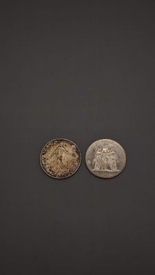 Lot de deux pièces en argent 5 francs Semeuse et Hercule