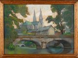 an oil painting of a bridge over a river with a church in the background