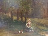 painting of a woman and a child in a park with a dog