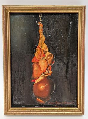 une peinture à l'huile représentant une nature morte avec une orange suspendue à une corde