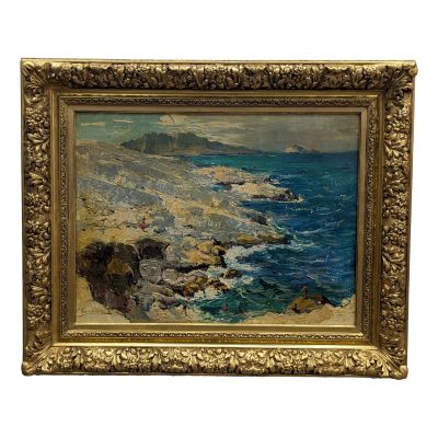 une peinture à l'huile représentant une côte rocheuse avec une falaise en arrière-plan