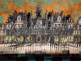 une peinture représentant un grand bâtiment sur lequel figure une horloge
