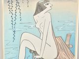 a painting of a woman sitting on a dock