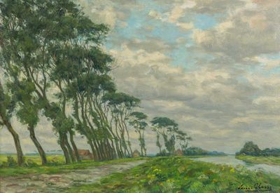 tableau représentant une route de campagne avec des arbres et une rivière au premier plan