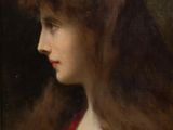 a painting of a woman with long hair and a red dress