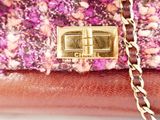 purple and gold floral purse with chain strap