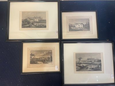 four framed pictures of a city and a river in a black frame