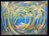 a painting of palm trees and a boat in the water