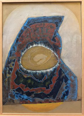 an image of a painting of a woman ' s face in a blue and red scarf