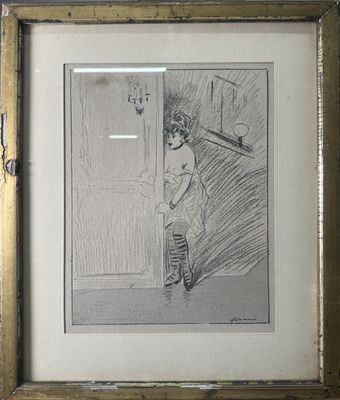framed drawing of a woman standing in front of a door