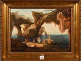 an image of a painting of people on a boat near a cave