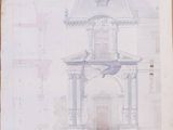 a picture of a drawing of a building with a clock on it