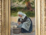 an oil painting of a woman washing her feet in a basin