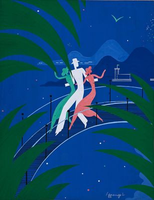 un tableau représentant un couple dansant sur une plage la nuit