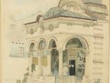 an image of a painting of a building with a clock on the front of it