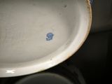 a close up of a plate with a blue design on it