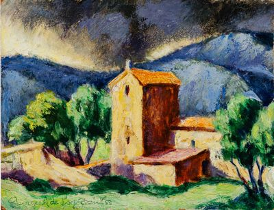 une peinture à l'huile représentant une maison dans un champ, avec des montagnes en arrière-plan