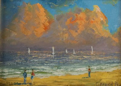 un tableau représentant des personnes marchant sur la plage au bord de l'eau