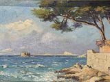 une photo d'un tableau représentant un arbre au bord de l'eau