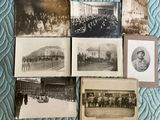 several old black and white photos of people in front of a building