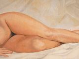 painting of a nude woman laying on a bed with a white sheet