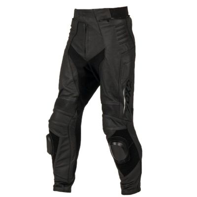 a pair of black leather pants with knee pads on a white background