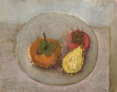 a painting of a plate of fruit on a table