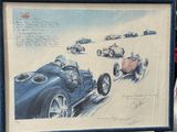painting of a group of racing cars on display in a museum