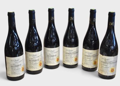 six bottles of wine are lined up in a row on a white surface