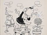 dessin humoristique représentant un homme assis sur un banc, avec une plante en pot devant lui