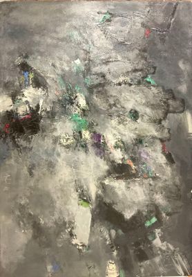 une image représentant un tableau montrant un chien noir et blanc posé sur une table