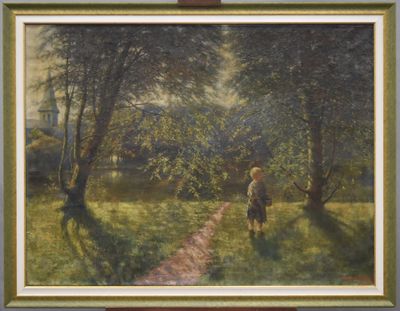 une peinture à l'huile représentant une personne marchant sur un sentier dans un champ